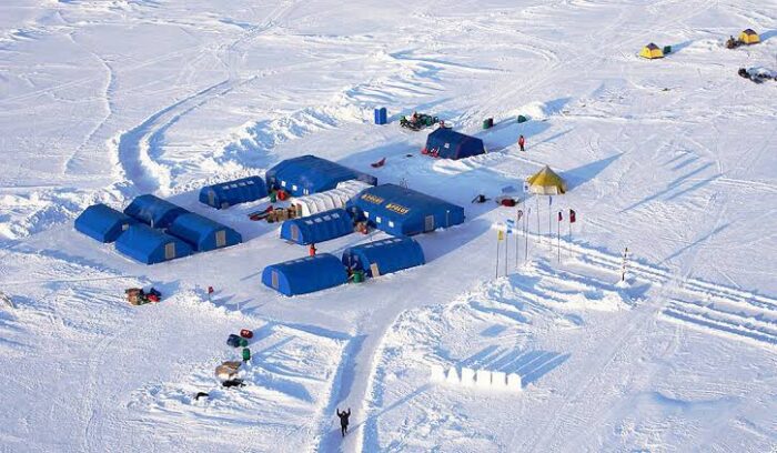 An aerial view of the Russian floating ice station Camp Barneo