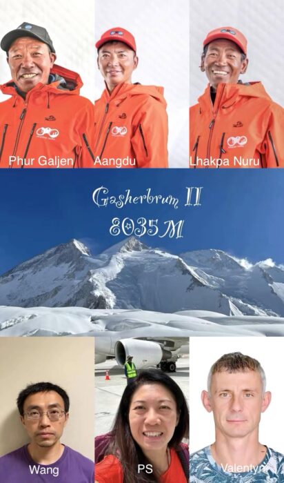 File headshots of six climbers compiled around a photo of Gasherbrum II. 