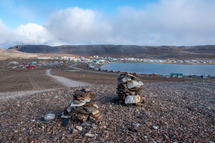 Aerial view on Ulukhaktok on the west coast of Victoria Island, Canadian Arctic.