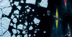 sea ice and kayaks, aerial view