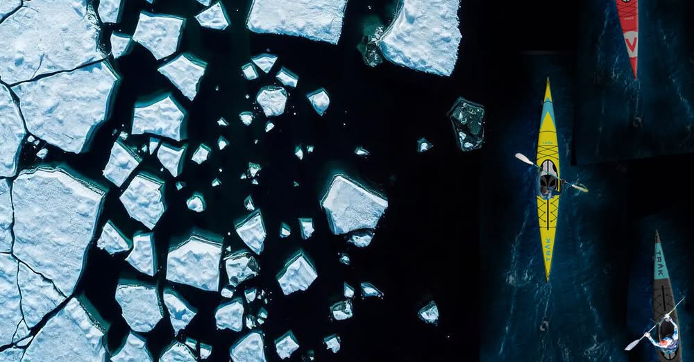 sea ice and kayaks, aerial view