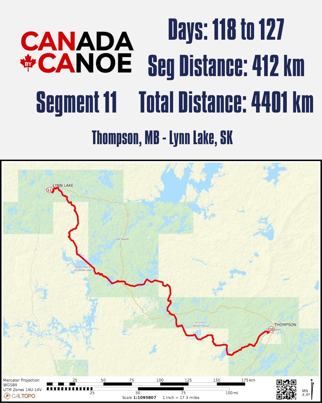A map showing segment 11 of the Canada By Canoe journey.