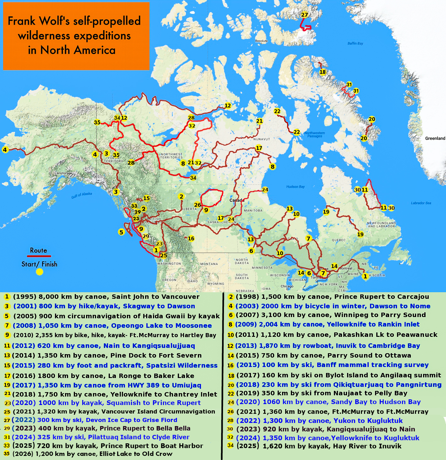 A map of Frank Wolf's journeys between 1995 and September 2025. 