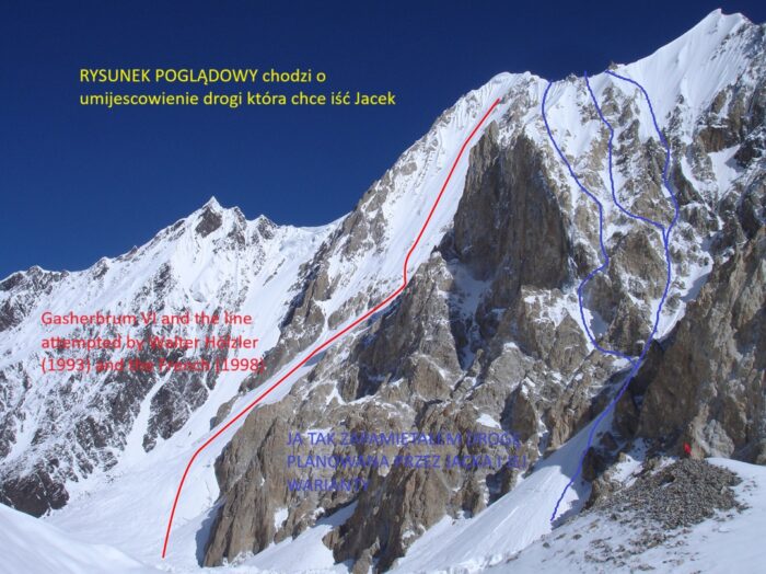 Potential routes and attempts marked on a photo of Gasherbrum VI. 