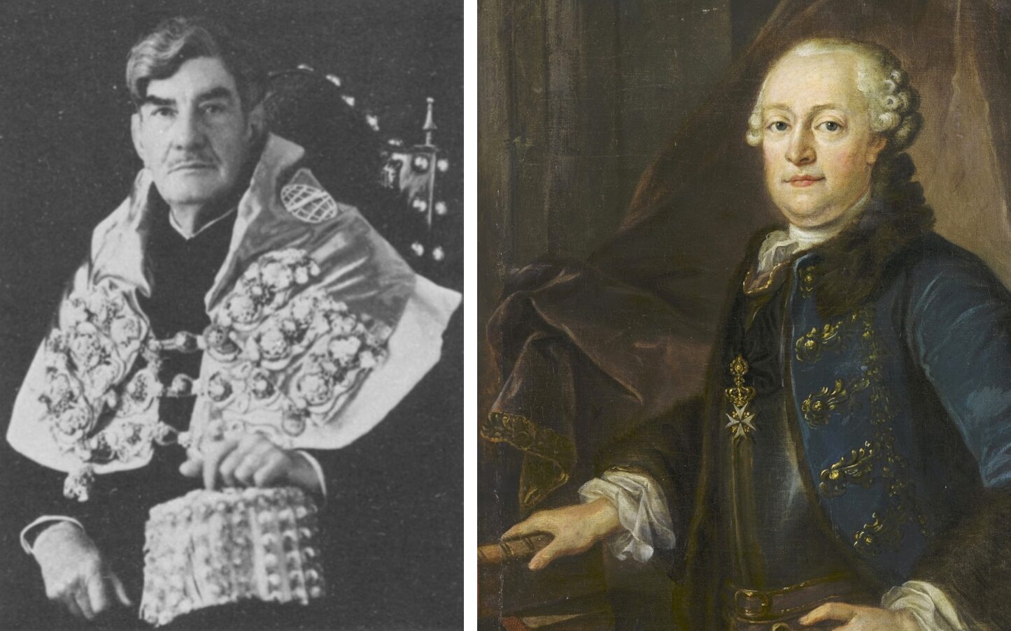 Two portraits of men, one a greyscale photo, the other a painting