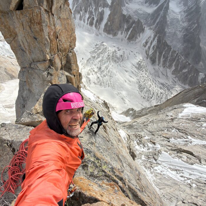 Thomas Huber takes a selfie while climbing Biacherahi Central, a rocky spire in the Karakoram. 
