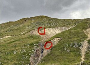 The area where the hikers got into trouble, marked with red circles.
