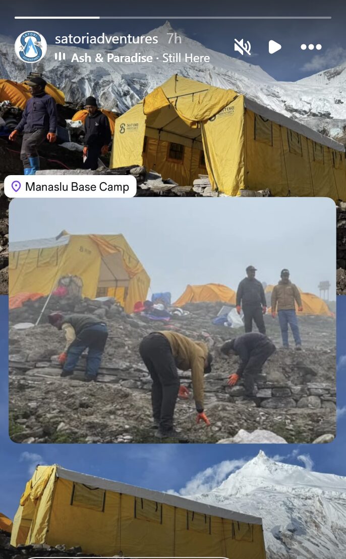 three compiled images of personell setting up Base Camp tents at the base of Manaslu.