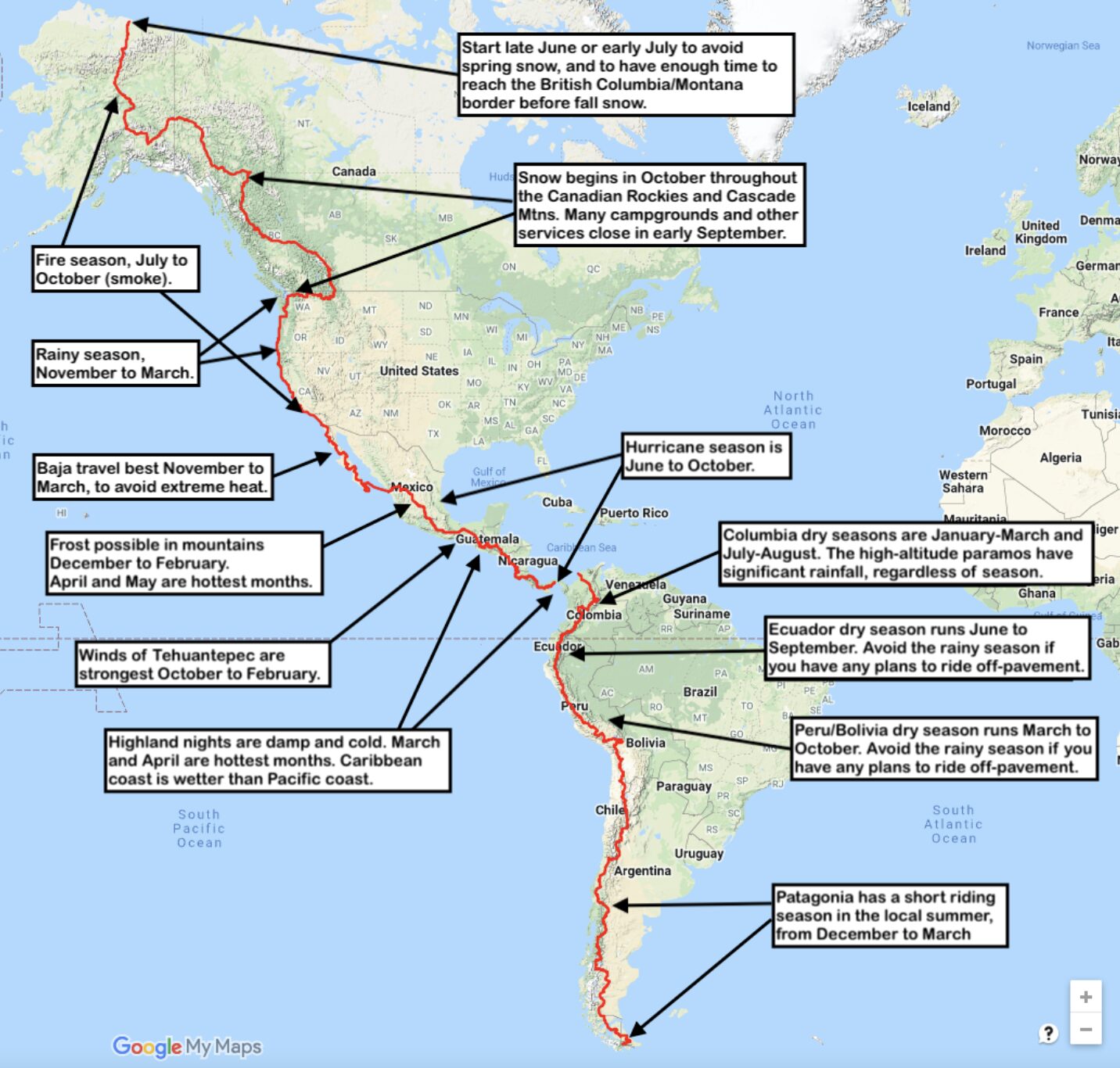 A map showing the best seasons for cycling different stages of the Americas.