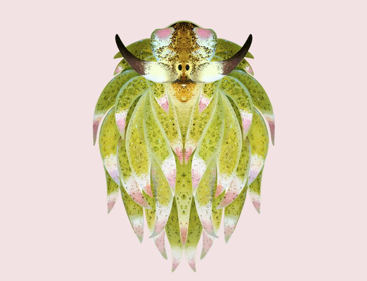 A close up of the pink and green leaf sheep.
