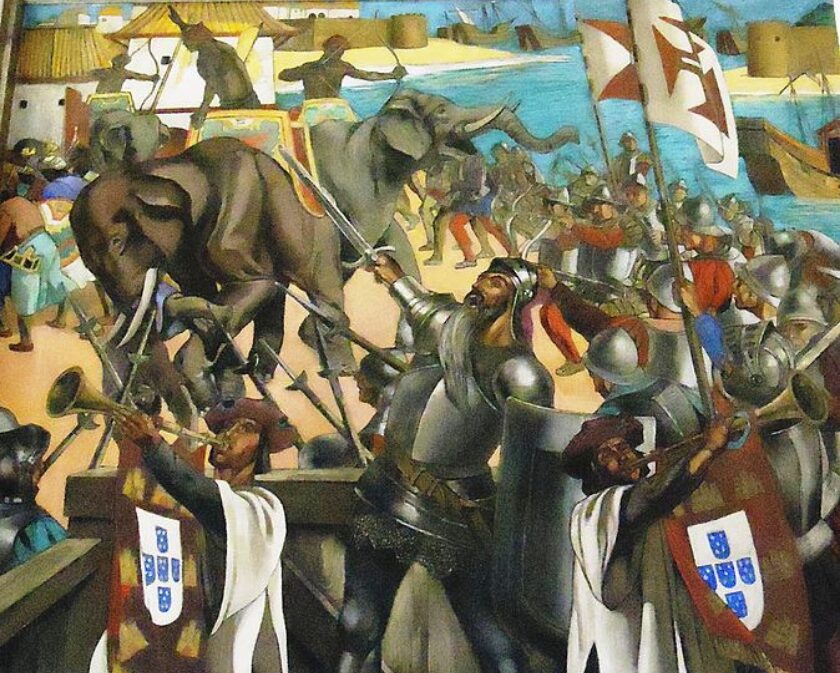 Fresco of 16th century conquistadors fighting Malay army