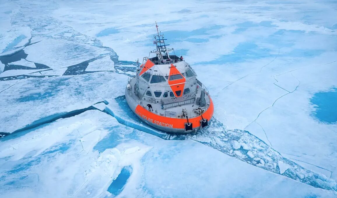 An aerial shot of the Tara Polar Station making its way through the Arctic pack ice. Photo: Fondation Tara Océan