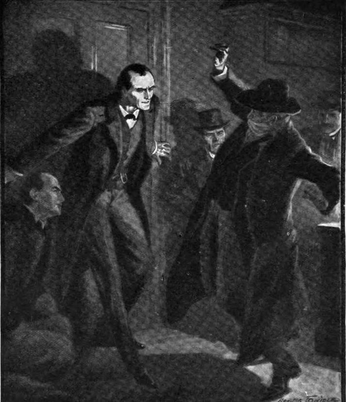 An illustration of several men catching another