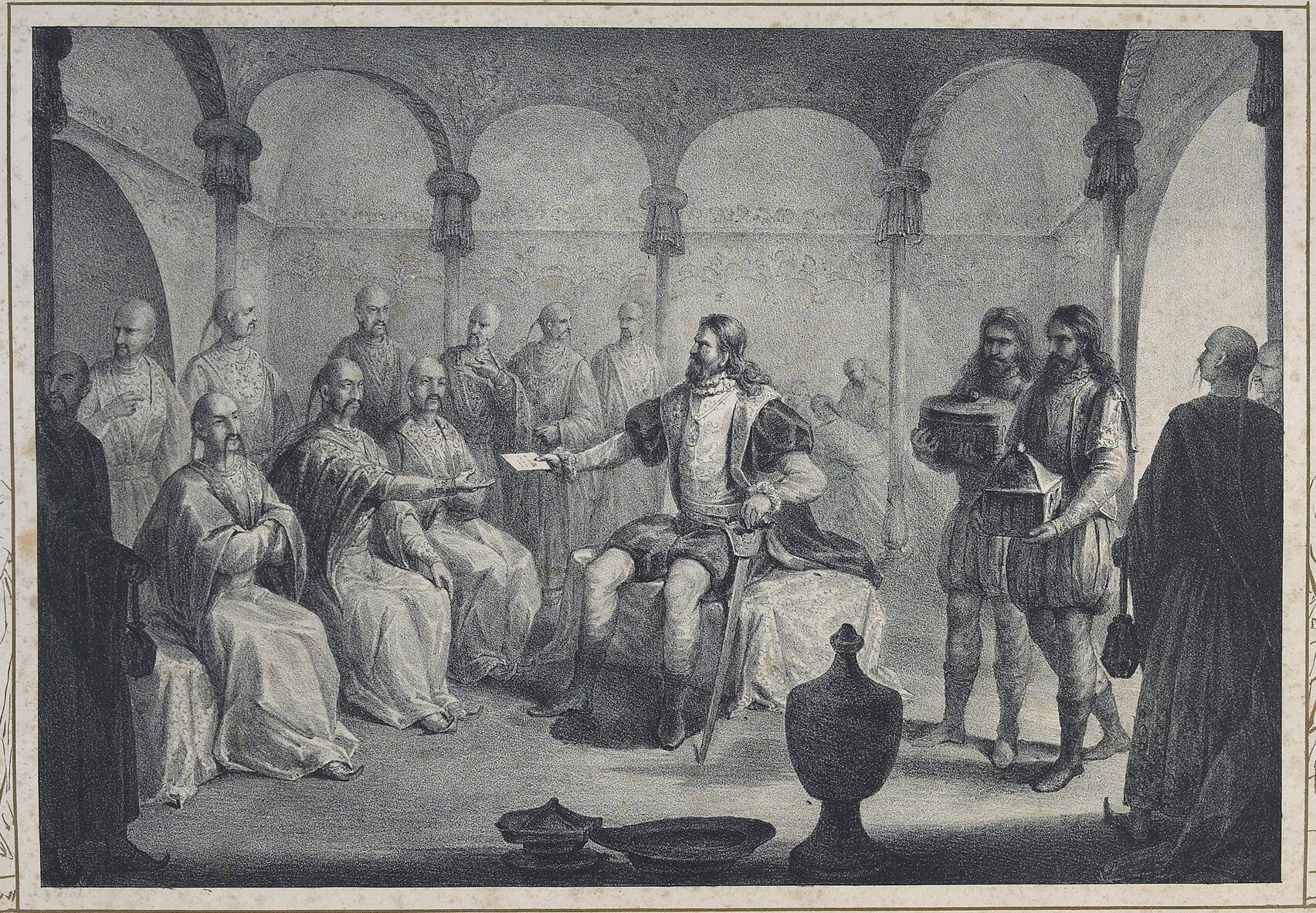 engraving of 16th century Chinese and Portuguese diplomats meeting