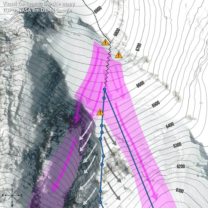 Avalanche flow marked in pink on a map of Broad Peak. 