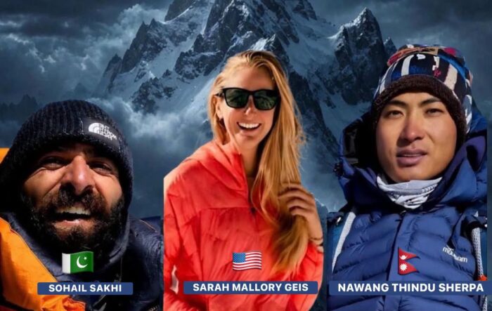 Three portraits of climbers compiled on a IA edited image of a mountain face. 
