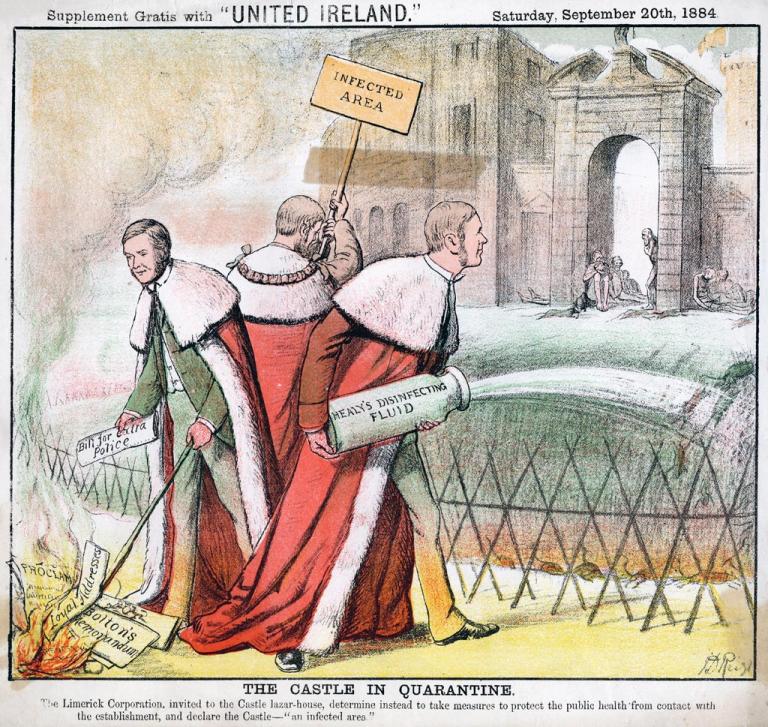 A political cartoon showing Dublin castle being "disinfected"