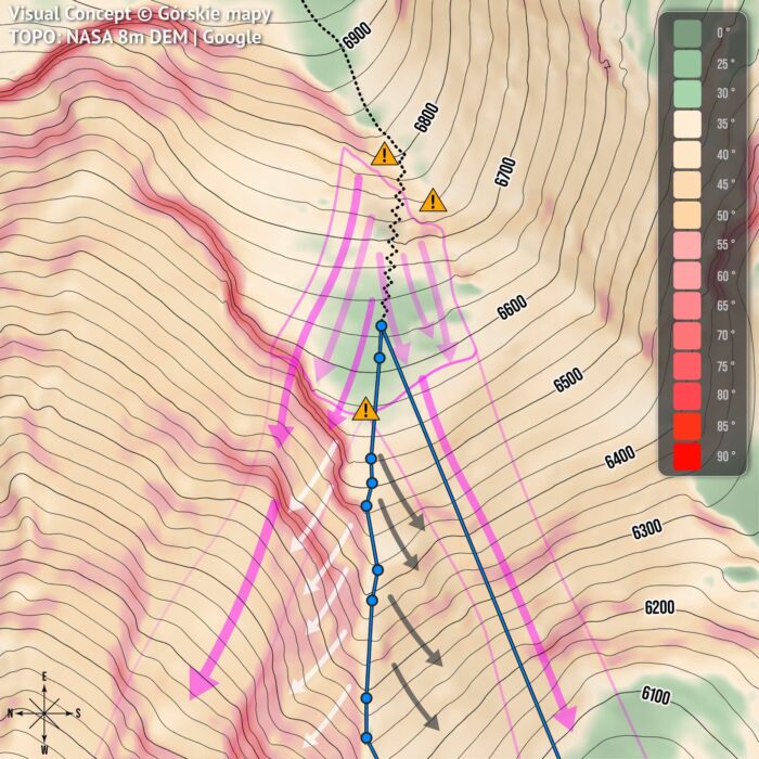 Flow of the avalanche, altitudes and the tracks of Nirmal Purja marked, showing his cimb, on a ma of Broad Peak. 