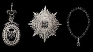 Black and white images of gem-encrusted items