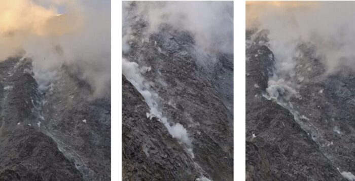 Three photos of rocks falling down a rocky gully.