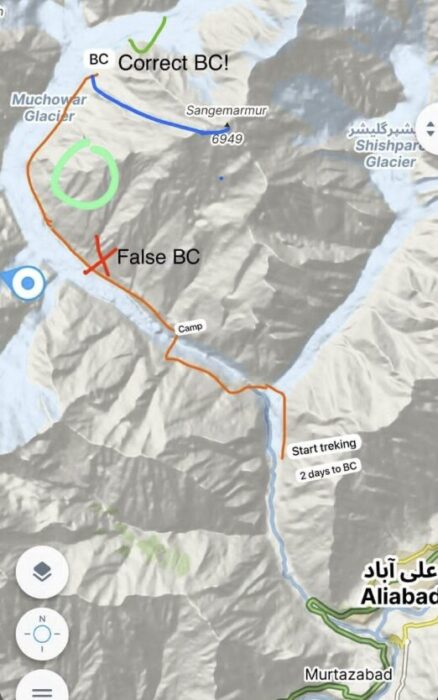 A route among mountains marked on a map. 