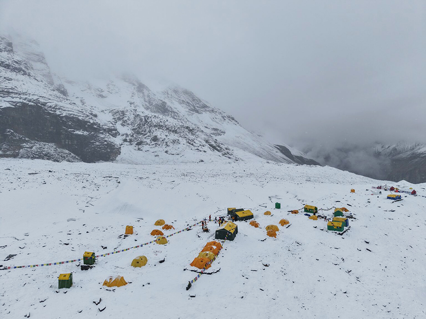 grey, snowy base camp