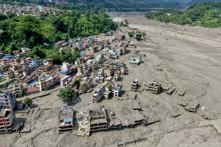 Devastated area after the flash floods at Trishuli Bazar in Nepal.