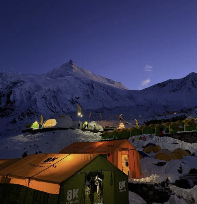 A clear sky over Manaslu's summit as seen from BC. 