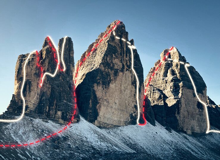 The route over five peaks in the Tre Cime di Lavaredo group of the Dolomites.