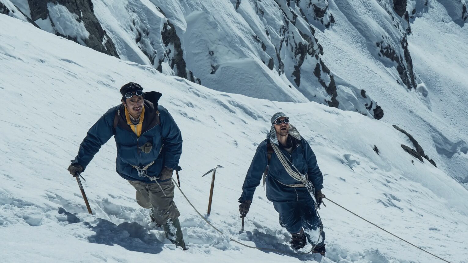 A promotional shot from the new film showing Genden Phuntsok as Tenzing Norgay and Tom Hiddleston as Edmund Hillary