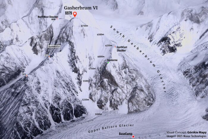Gegraphicval features on a 3D image of Gasherbrum VI