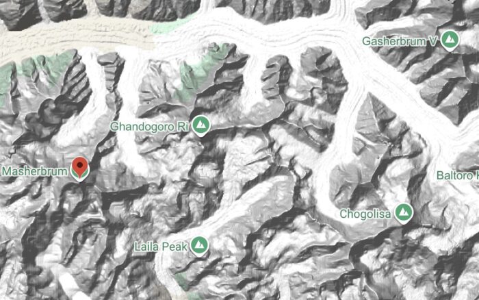 Location of K7-Masherbrum area and the Gasherbrum massif on a map.