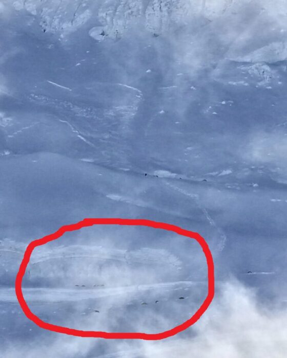 Drone iamge showing a snow slope with a broken slab on Manaslu. 