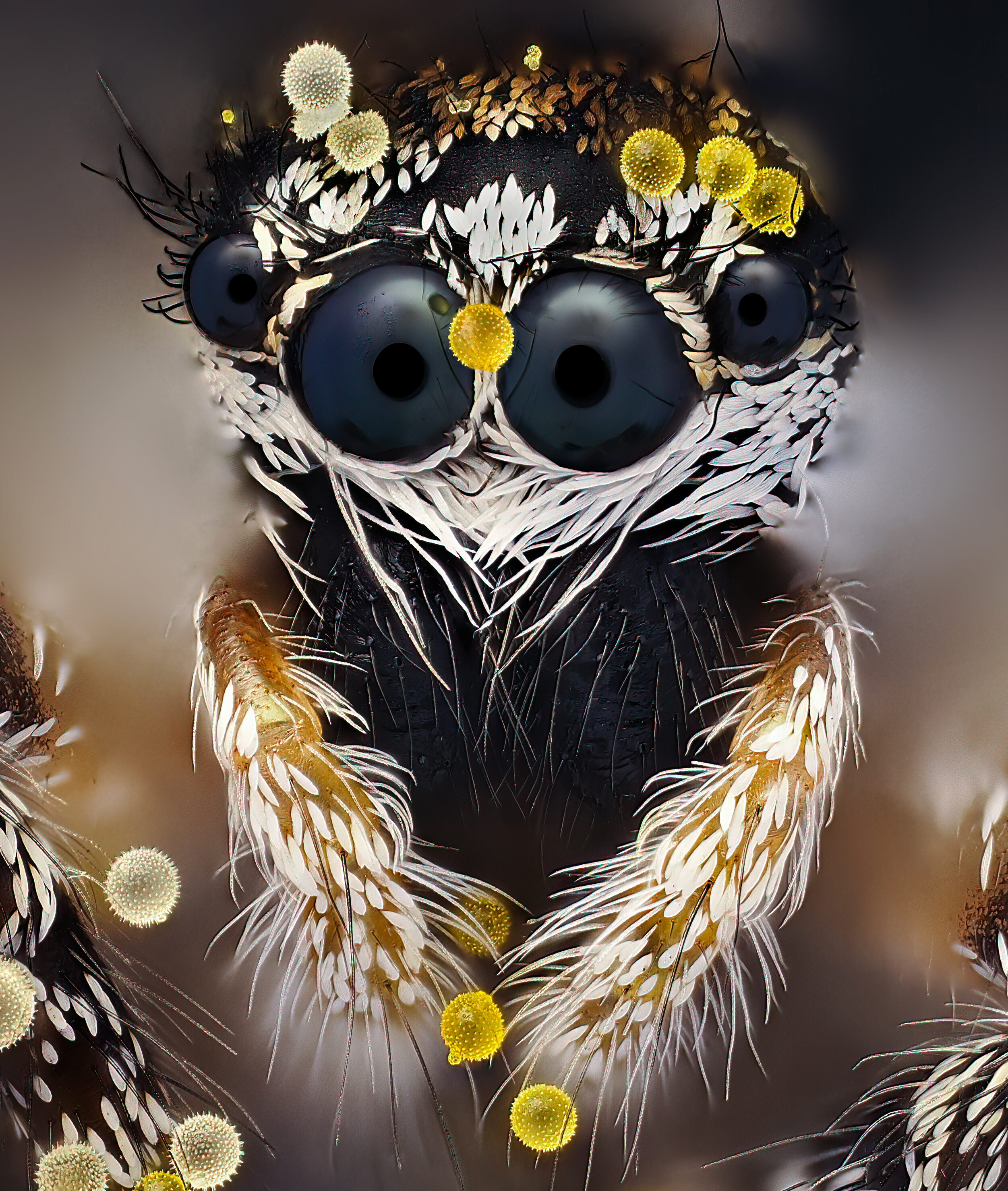 A spider, up very close, dotted with yellow globs of pollen