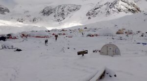 Base Camp covered in fresh snow.