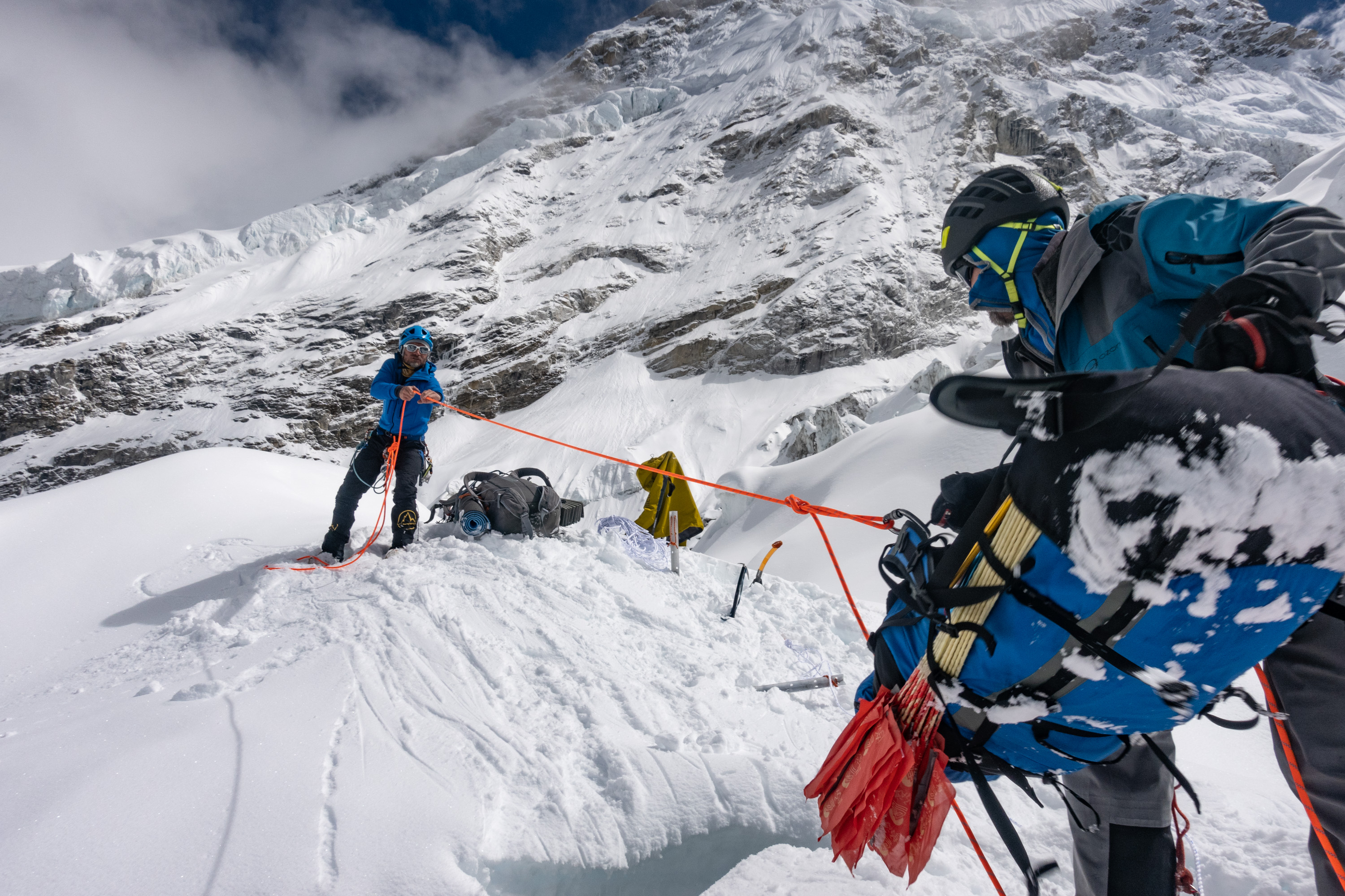 Climbers on a huge mixed face on Everest.