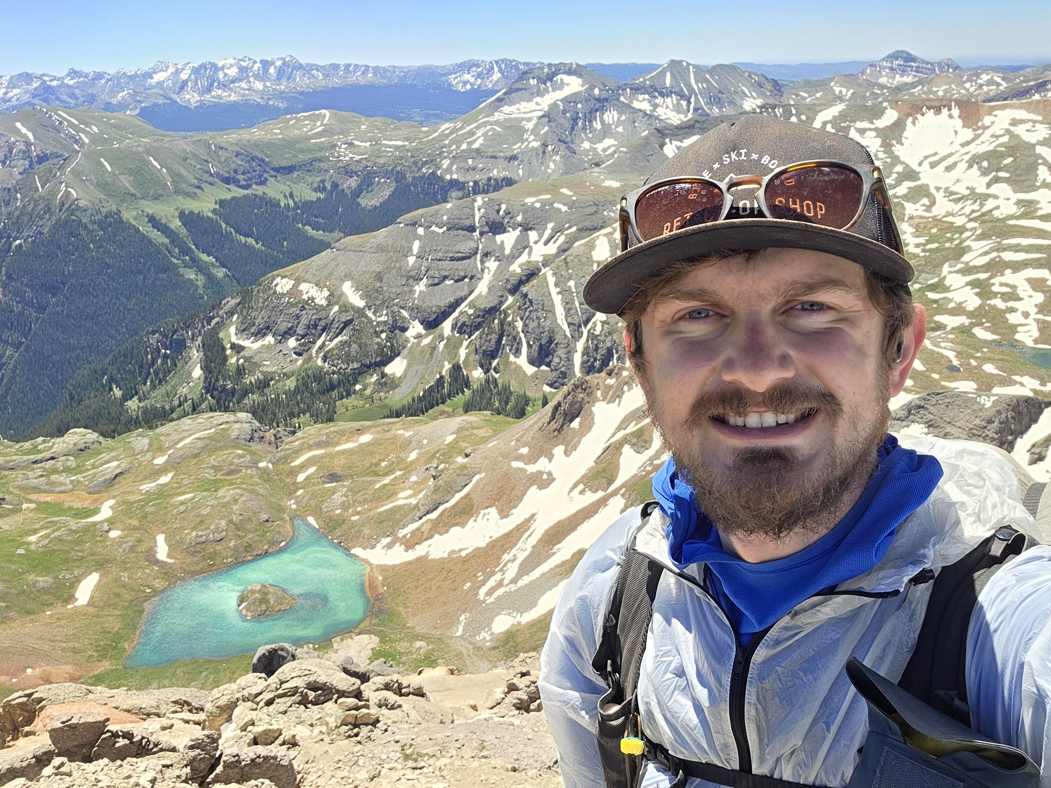 Rice looking down on Island Lake from Ulysses S. Grant Peak. 