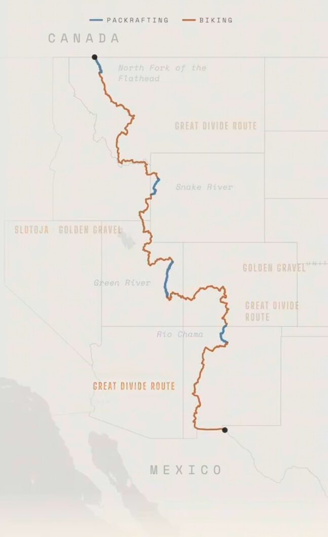 A map showing the route from Canada to Mexico