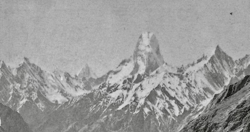 Muztagh Tower taken from the Upper Baltoro Glacier in 1919 by Vittorio Sella. The tower appears as an impregnable tooth. The photo inspired mountaineers for several decades.