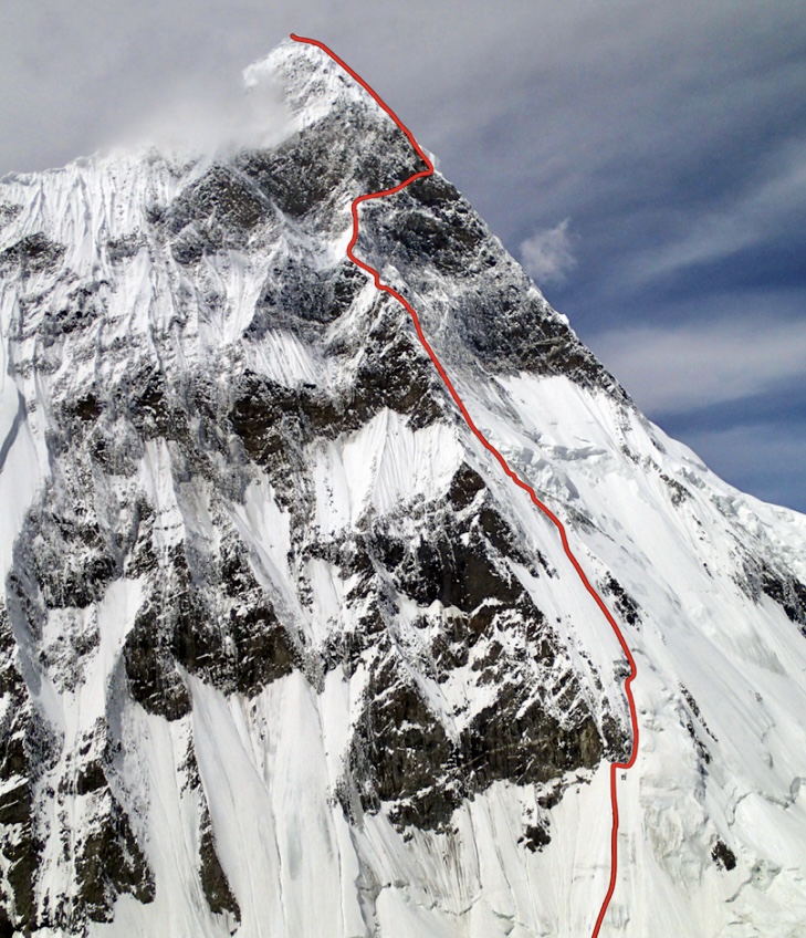 The 2,000m Northeast Spur of Muztagh Tower showing the line "Think Twice".