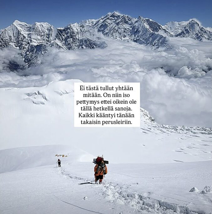 An IG story with a text in Finnish and a photo of a climber on a snow slope.