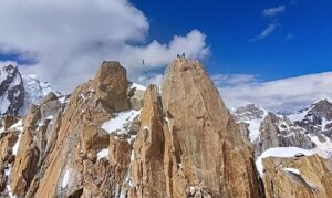 Lukas Irmler and Antonia Rüede-Passul on the first-ever highline on Trango Tower in Pakistan. Photo: Lukas Irmler