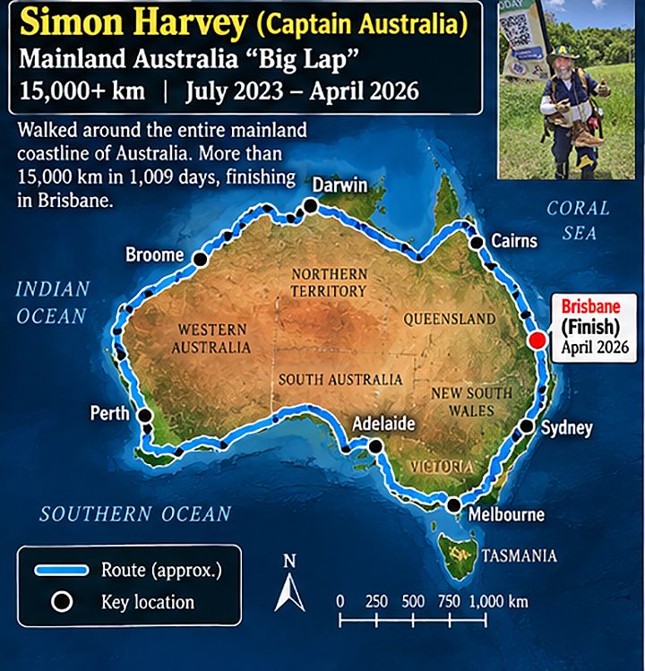 Route map of Simon Harvey's journey