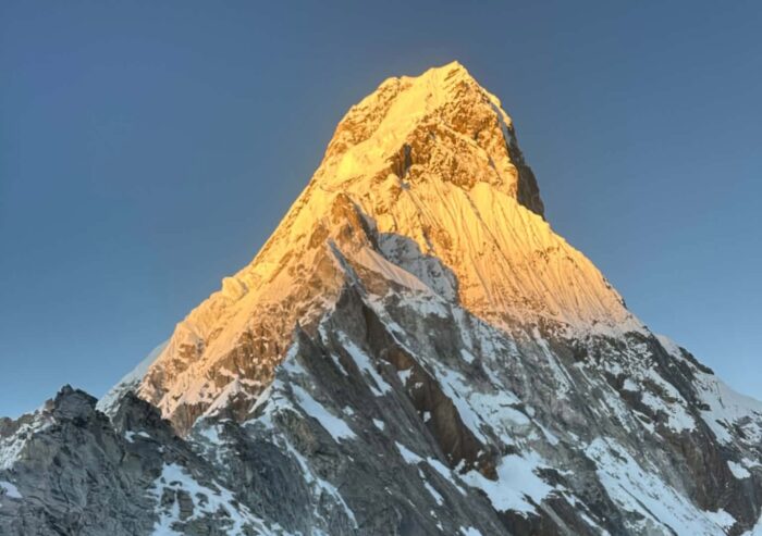 The upper part of Ama Dablam at sunset.