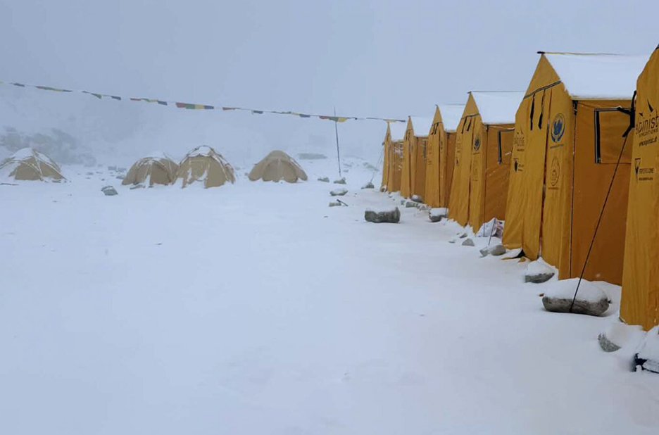 snowy base camp tents