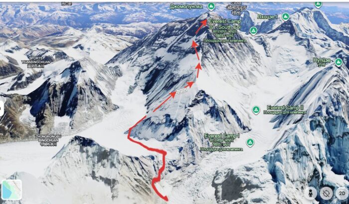 Everest West ridge-Hornbein Couloir route marked in red on a 3D graphic of Everest. 