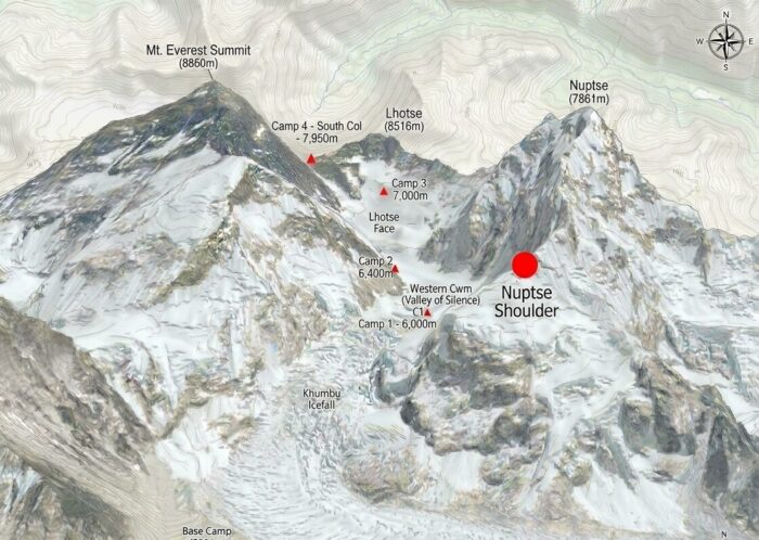 Map of Everest,. Lhotse and Nuptse as seen from the south. 
