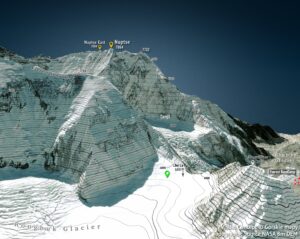 The location of the Russian team's tent at the Lho La pass in a 3d map.