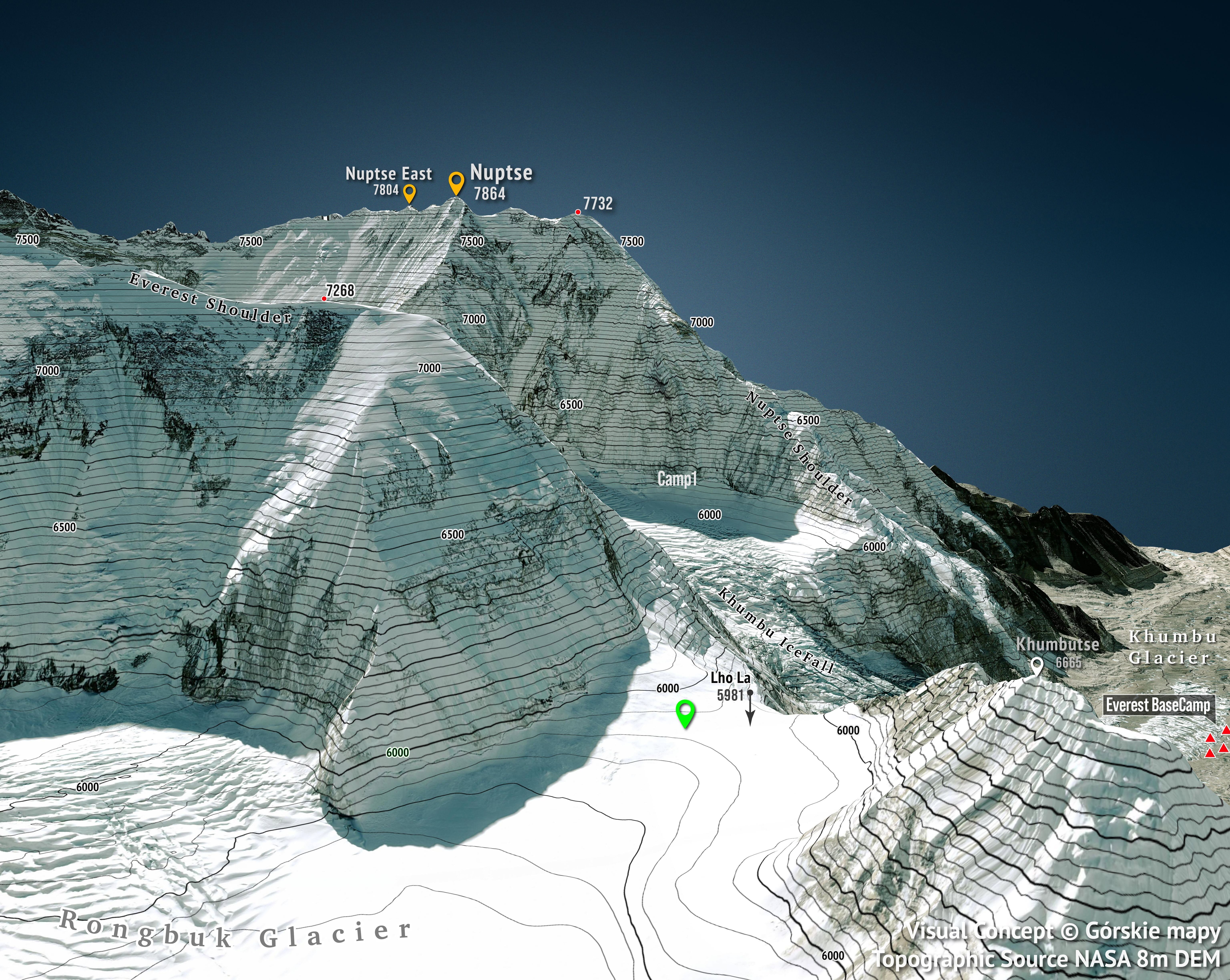 The location of the Russian team's tent at the Lho La pass in a 3d map.