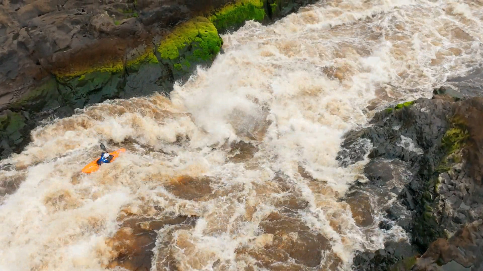 whitewater kayaking, seen from above